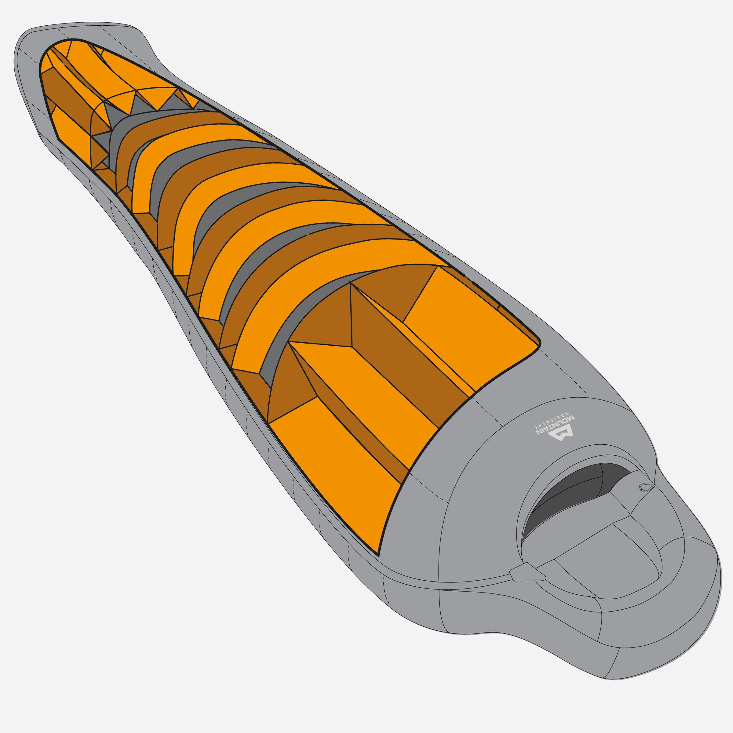 detail::Vertically aligned V-baffles on the chest and foot piece, 14:7cm Trapezoid baffles though out all other parts of the bag results in minimal down migration and maximum possible warmth in all situations